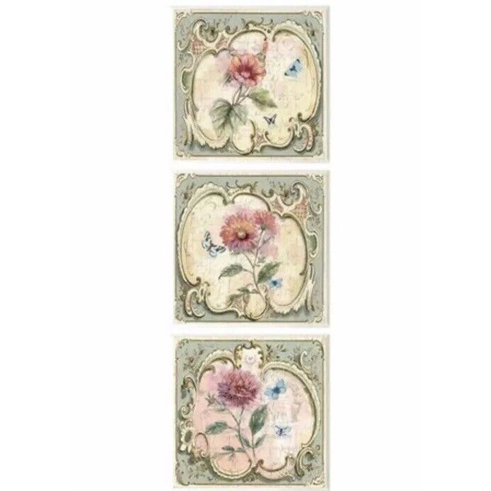 3 Pc Wall Decor Flower Art Wood Tile Square Print Victorian Cottage Green Pink